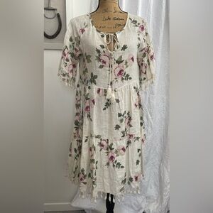 Francesca Bettini 100% Linen Floral Dress Tiered Cottagecore Country Prairie XS